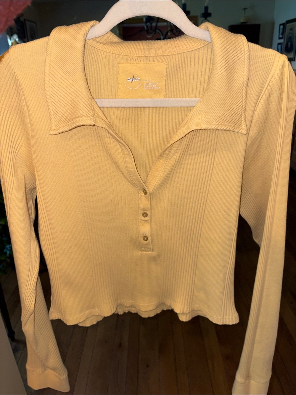 aerie Ribbed Long-Sleeve Polo Top - Pale Yellow